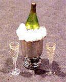Dollhouse Miniature Champagne Bottle In Ice Bucket W/2 Filled Glasses